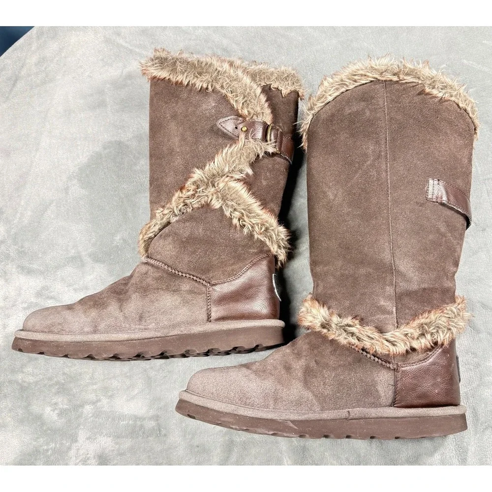 Bearpaw Sheilah Boots Womens 12 Brown Suede Faux Fur Trim Mid Calf